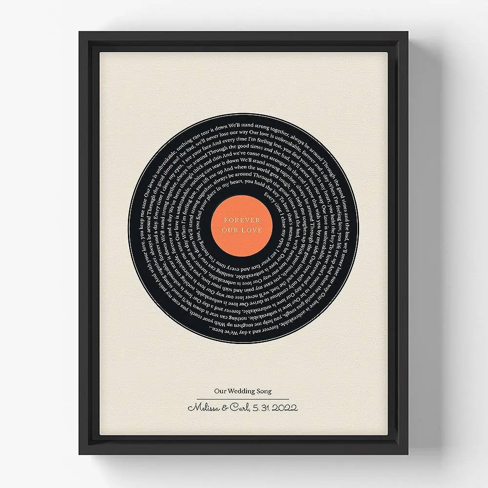 Vinyl-style anniversary song lyrics print in a frame