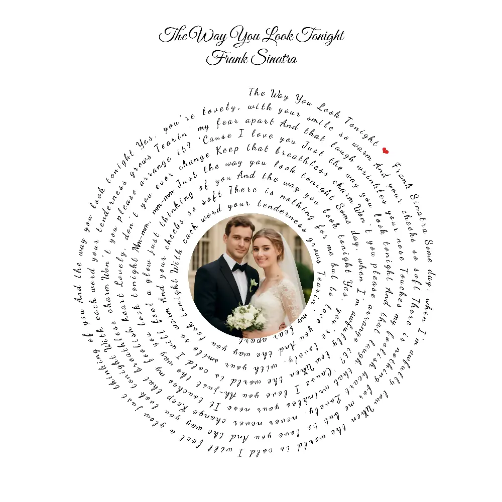 Minimal white wedding lyrics print with a couple photograph